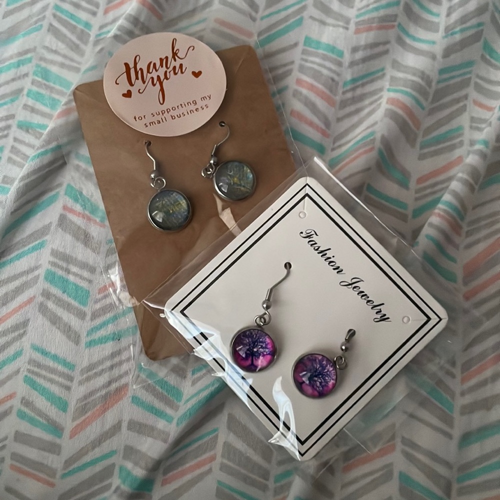 Earrings I bought a little bit ago from a small business. They are two sets.